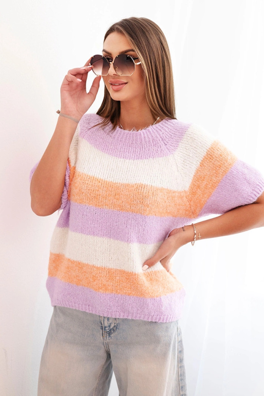 Dámský pruhovaný svetr s krátkým rukávem z vlny meruňkový + fialový UNI
