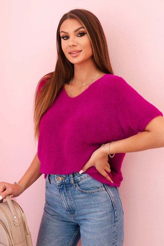 Dámský svetr z měkkého chloupku s výstřihem do V krátkým rukávem tmavě fialový UNI