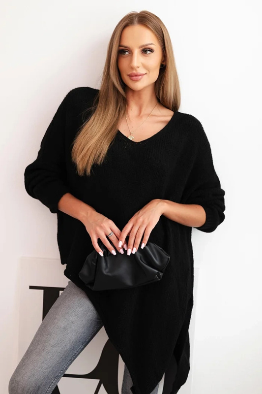 Svetr dámský vlněný asymetrický Plus Size s výstřihem do V černý UNI