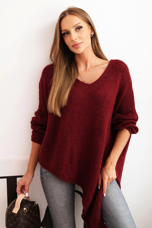 Dámský asymetrický svetr z vlny Plus Size s výstřihem do V bordový UNI