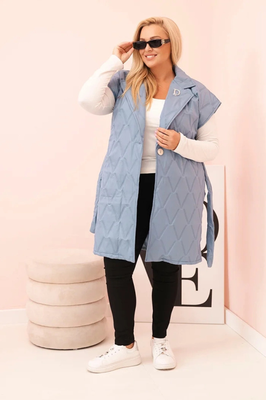 Dámská vesta Plus Size prošívaná s páskem a límcem hnědá UNI