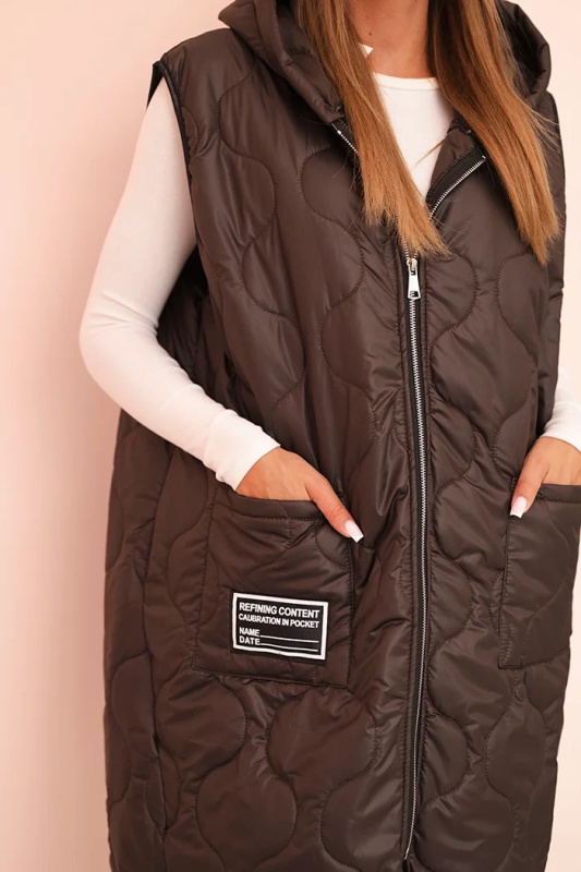 Dámská prošívaná vesta Plus Size s kapucí na zip mocca UNI
