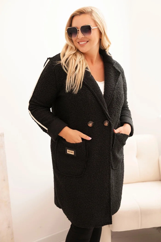 Dámský kabát Plus Size z umělého beránka s kapsami černý UNI