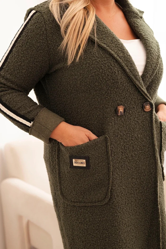 Dámský kabát Plus Size z umělého beránka s kapsami khaki UNI