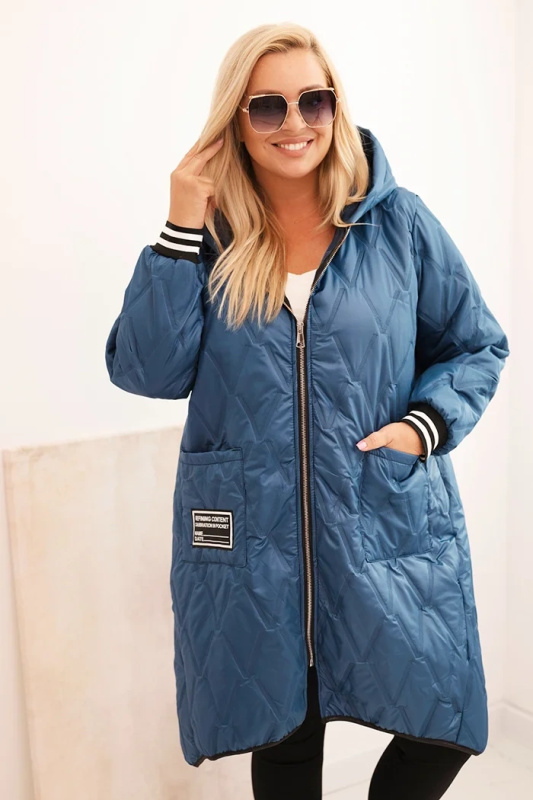 Dámská bunda Plus Size prošívaná s kapucí a sportovními manžetami jeansová UNI