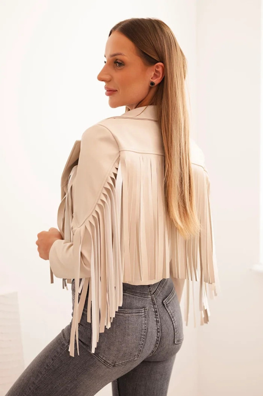 Dámská bunda z eko kůže s třásněmi v boho stylu béžová UNI