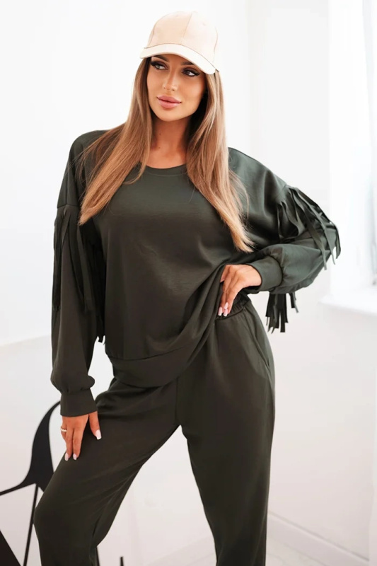 Dámský komplet máslový s třásněmi na rukávech khaki UNI