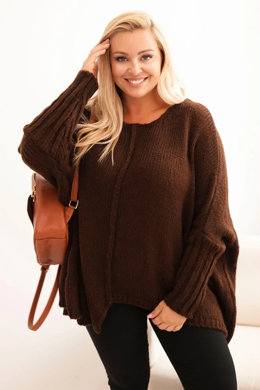 Dámský svetr Plus Size z akrylu s volným střihem a rukávem 3/4 hnědý UNI