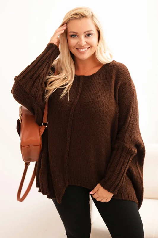 Dámský svetr Plus Size z akrylu s volným střihem a rukávem 3/4 hnědý UNI