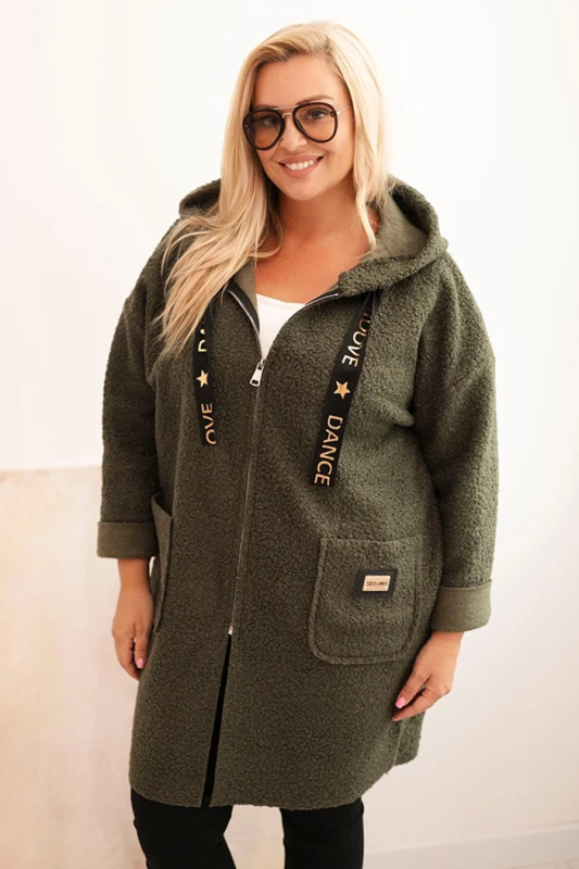 Dámský plášť Plus Size z umělé beránkové látky s kapucí a kapsami khaki UNI