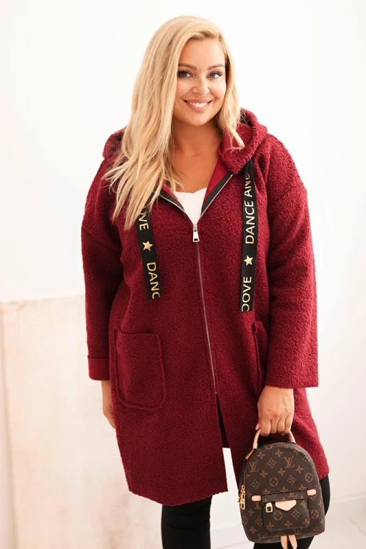 Dámský kabát Plus Size z umělého beránka s kapucí a kapsami bordový UNI