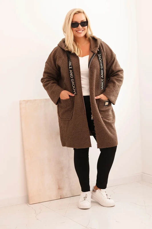 Dámský plášť Plus Size z umělé beránkové látky s kapucí a kapsami camelový UNI