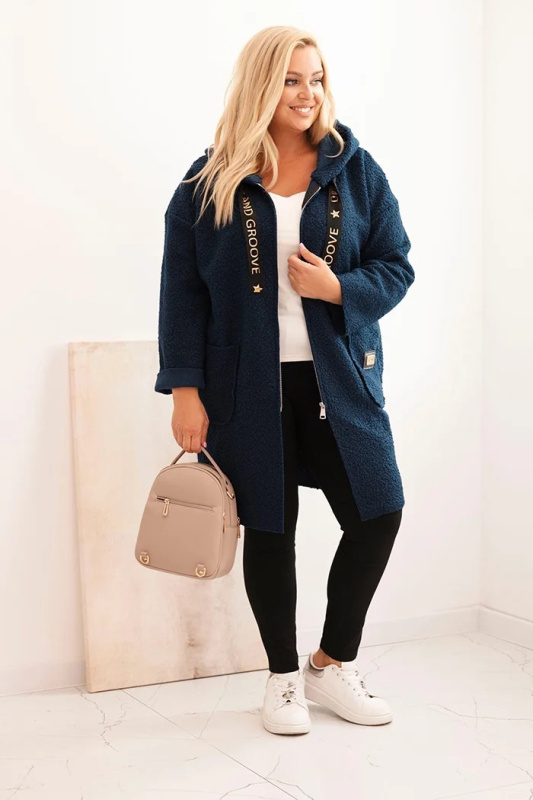 Dámský kabát Plus Size z umělého beránka s kapucí a kapsami modrý UNI