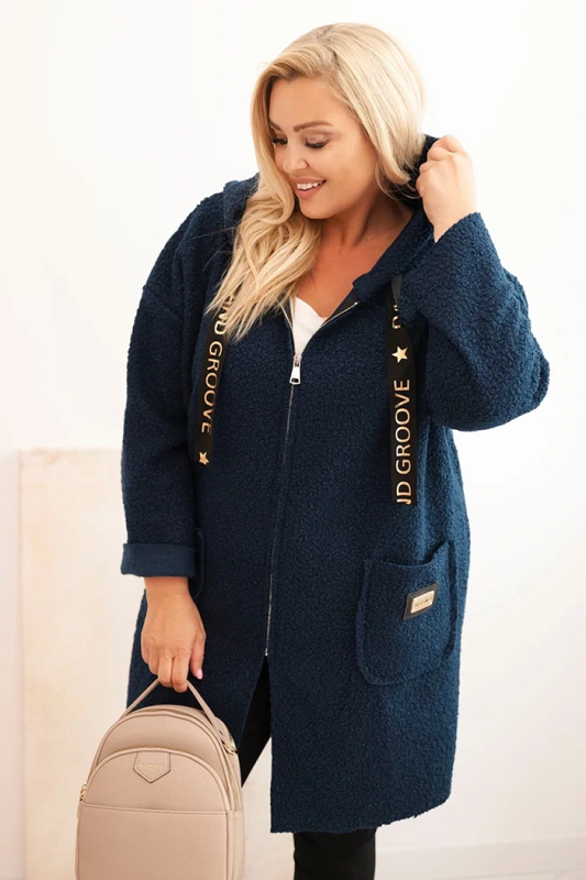 Dámský kabát Plus Size z umělého beránka s kapucí a kapsami modrý UNI
