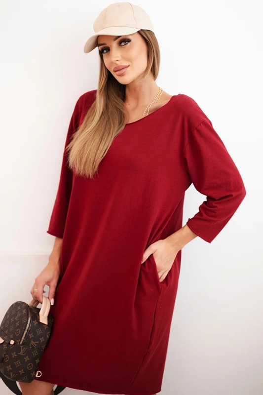Kesi Dámská šaty Plus Size z bavlnou s jednoduchým střihem a rukávem 3/4 bordová Barva: Bordó, Velikost: UNI