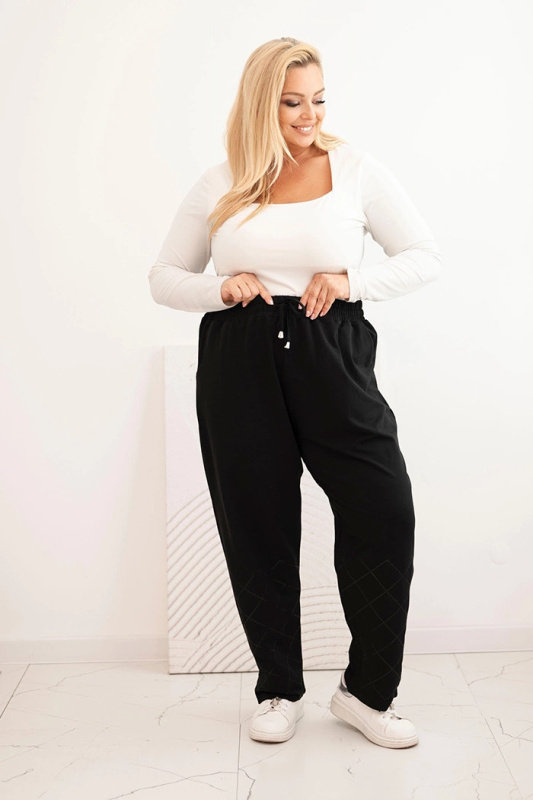 Kesi Dámské kalhoty Plus Size bavlněné s flitrovými pruhy černé Velikost: 7XL