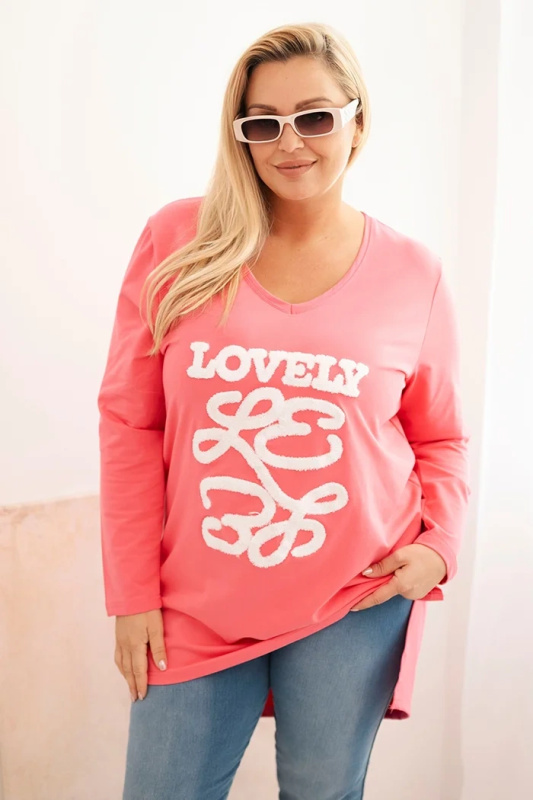 Kesi Dámská blůza Plus Size bavlněná s nápisem a výstřihem do V růžová Barva: Růžová, Velikost: 4XL