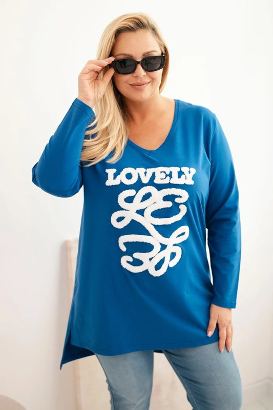 Kesi Dámská blůza Plus Size bavlněná s nápisem a výstřihem do V růžová Barva: Fialová, Velikost: 2XL