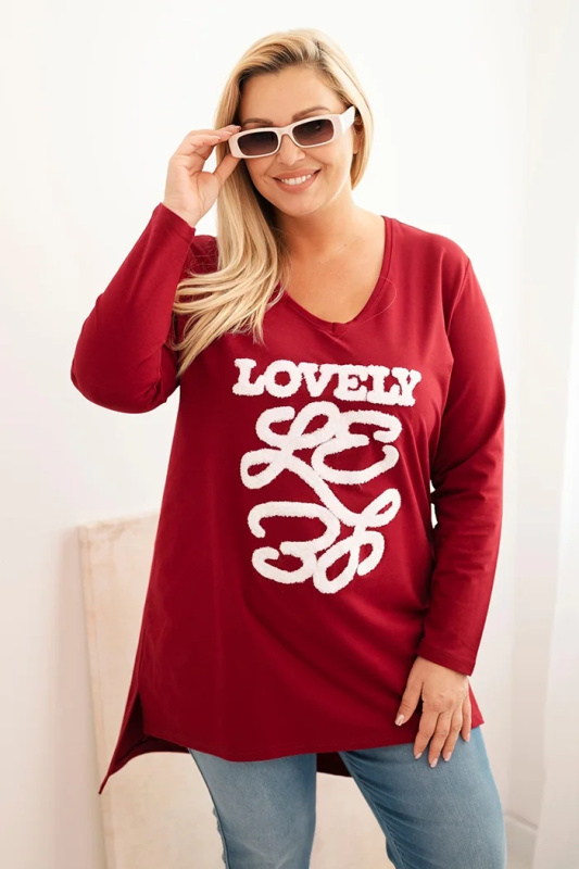 Kesi Dámská blůza Plus Size bavlněná s nápisem a výstřihem do V růžová Barva: Bordó, Velikost: 4XL