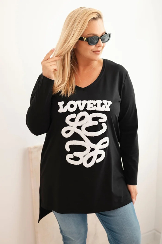 Kesi Dámská blůza Plus Size bavlněná s nápisem a výstřihem do V růžová Barva: Černá, Velikost: 2XL