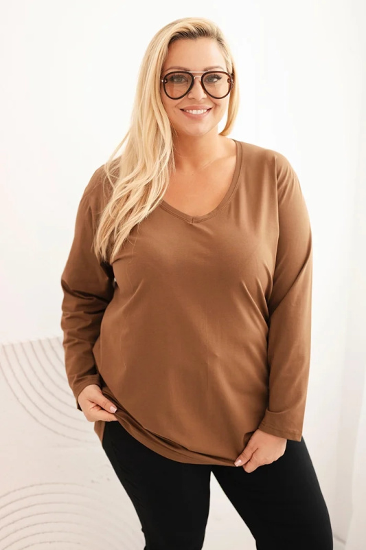 Kesi Dámská blůza Plus Size s výstřihem do V a dlouhým rukávem růžová Barva: Hnědá, Velikost: 2XL/3XL
