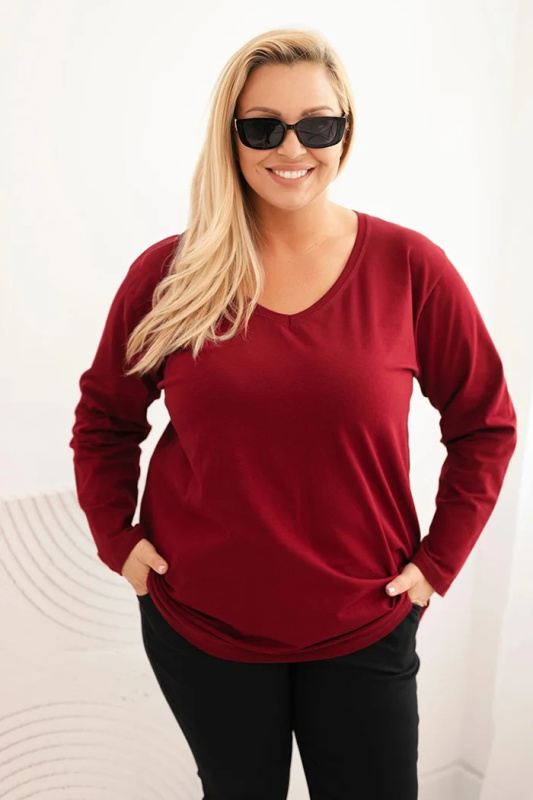 Kesi Dámská blůza Plus Size s výstřihem do V a dlouhým rukávem růžová Barva: Bordó, Velikost: 4XL/5XL