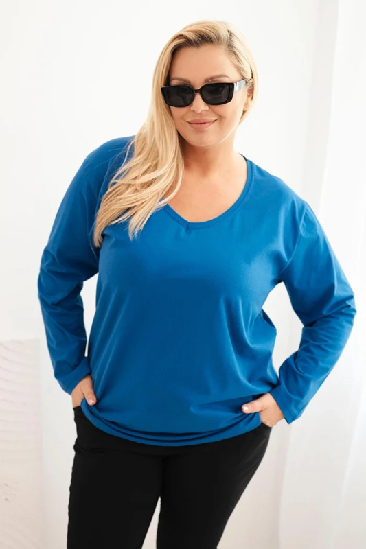Dámská blůza Plus Size s výstřihem do V a dlouhým rukávem chabrová 2XL/3XL