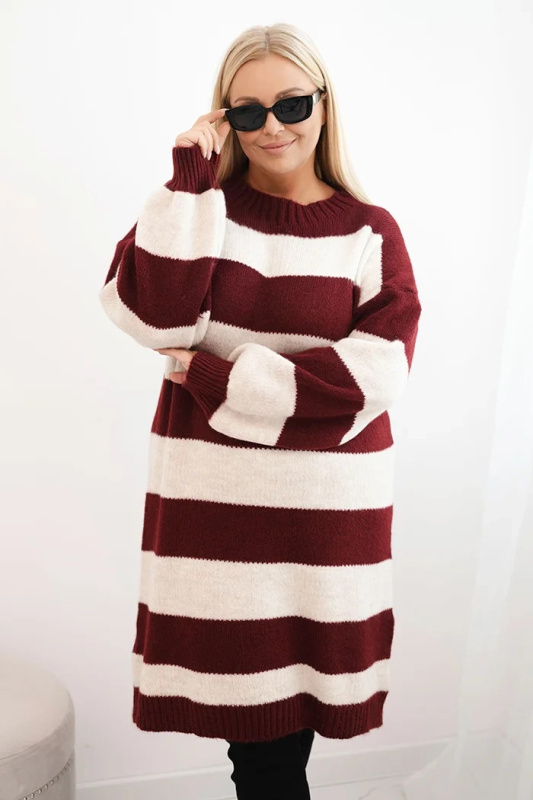 Kesi Dámské pletené šaty Plus Size pruhované černá Barva: Bordó, Velikost: UNI