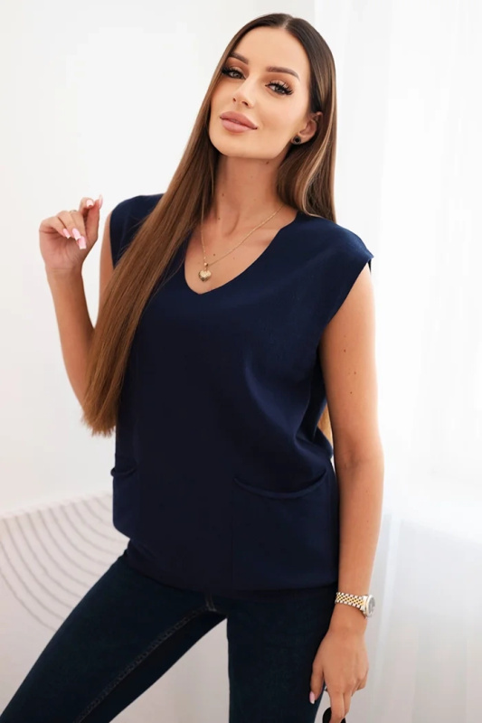 Kesi Dámský viskózový svetr bez rukávů s kapsami a V Barva: Modrá - tmavě, Velikost: UNI