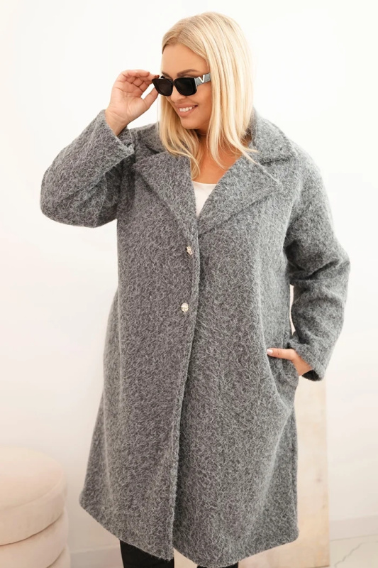 Kesi Dámský kabát Plus Size s vlnou a velkým límcem bordó Barva: Šedá, Velikost: UNI