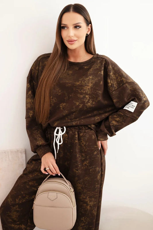 Kesi Dámský oversize dresový komplet z viskózy s prodlouženou mikinou a efektem praní Barva: Hnědá, Velikost: UNI