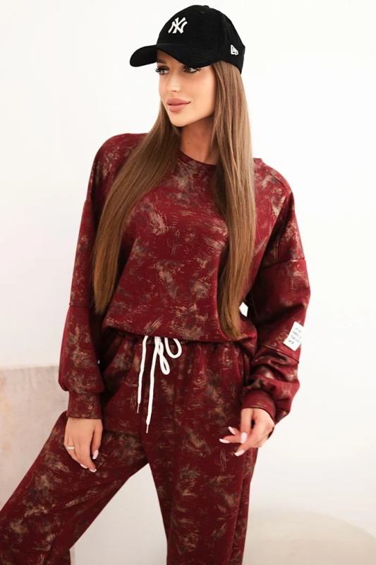 Kesi Dámský oversize dresový komplet z viskózy s prodlouženou mikinou a efektem praní Barva: Bordó, Velikost: UNI