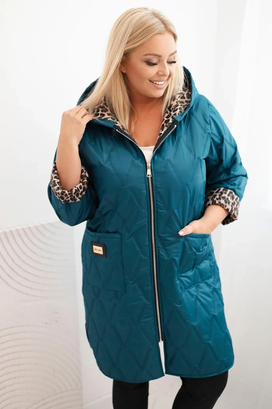 Kesi Dámská prošívaná bunda Plus Size s podšívkou v leopardím vzoru a kapucí černá Barva: Modrá - tmavě, Velikost: UNI