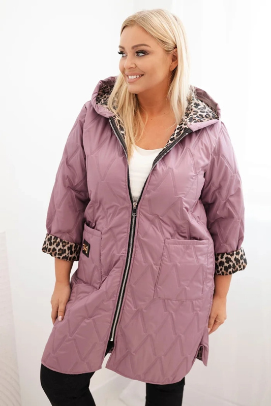 Kesi Dámská prošívaná bunda Plus Size s podšívkou v leopardím vzoru a kapucí černá Barva: Růžová - tmavě, Velikost: UNI