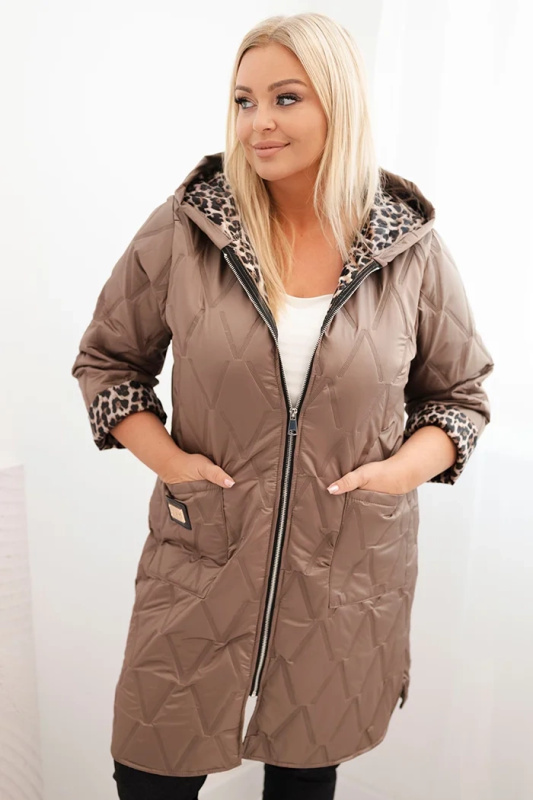 Kesi Dámská prošívaná bunda Plus Size s podšívkou v leopardím vzoru a kapucí černá Barva: Fialová, Velikost: UNI