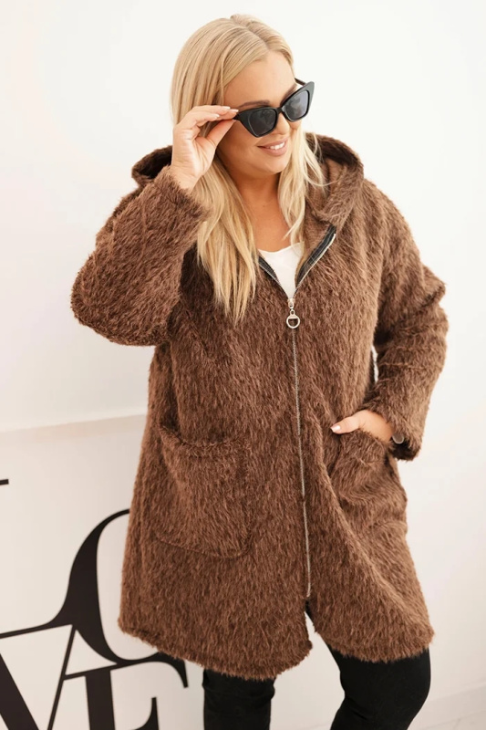 Kesi Dámský plášť Plus Size z viskózy se zapínáním na zip a kapucí Barva: Hnědá, Velikost: UNI