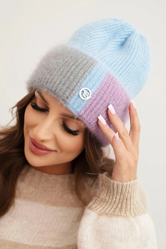 Dámská čepice barevná z viskózy s ozdobným knoflíkem modrá + šedá UNI