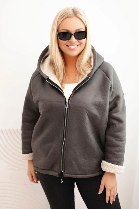 Kesi Dámská bunda Plus Size s kapucí a beránkem Barva: Šedá - tmavě, Velikost: UNI