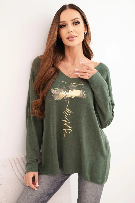Kesi Dámská blůza z viskózy s dlouhým rukávem a zlatým květinovým potiskem tmavě khaki Barva: Zelená, Velikost: UNI