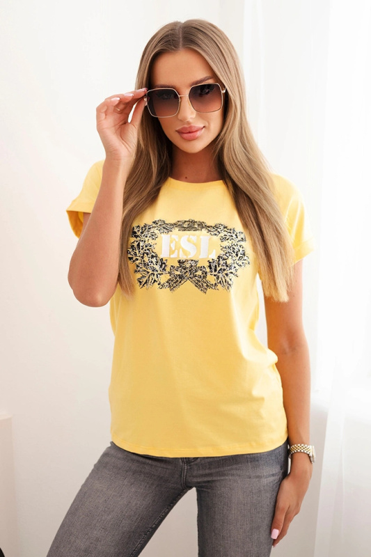 Kesi Dámská bavlněná halenka s ozdobným potiskem ESL černá Barva: Žlutá, Velikost: UNI