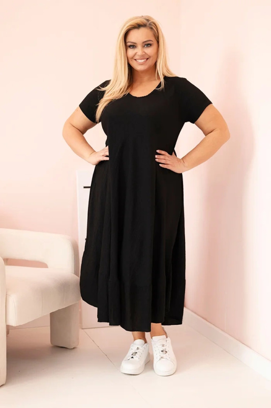Dámské šaty plus size s krátkým rukávem a volánem z lehké viskózy cappuccino UNI