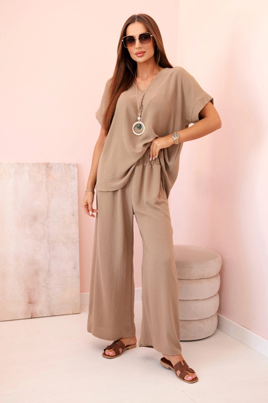 Kesi Dámský komplet Bianca s náhrdelníkem - halenka + kalhoty Barva: Hnědá, Velikost: UNI