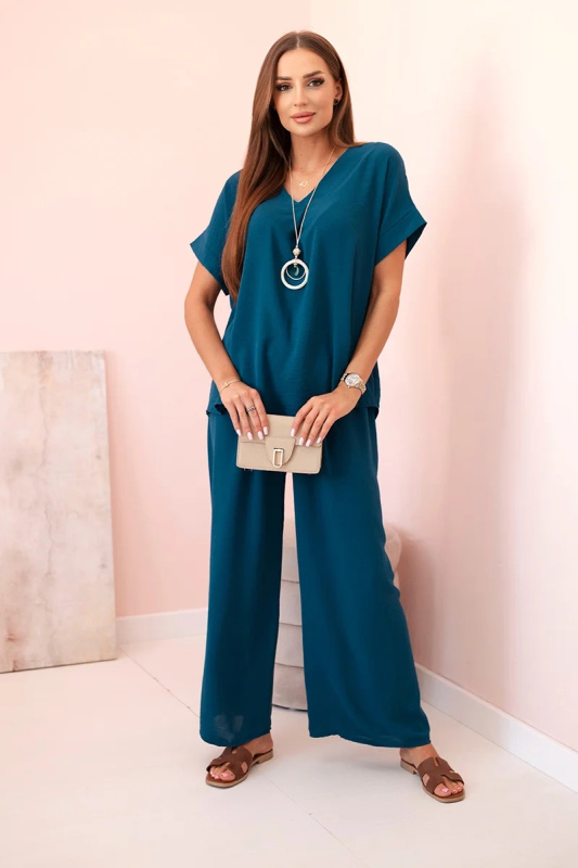 Kesi Dámský komplet Bianca s náhrdelníkem - halenka + kalhoty Barva: Modrá, Velikost: UNI