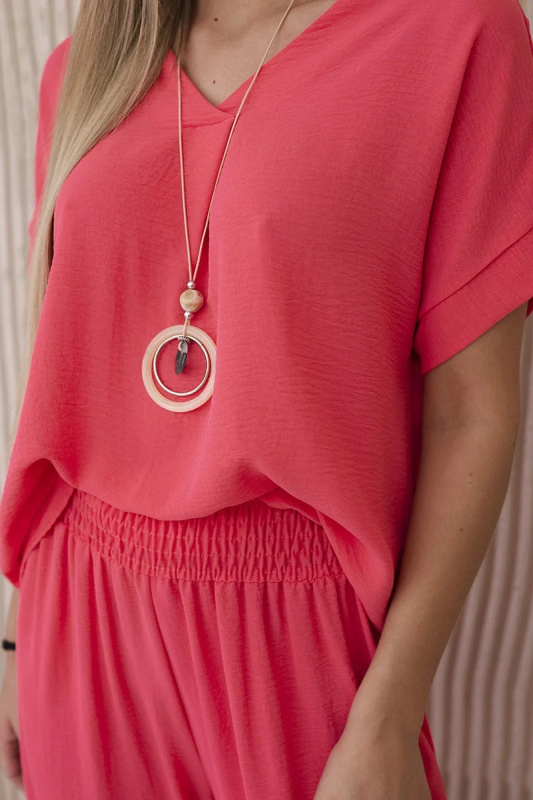 Komplet s náhrdelníkem halenka + kalhoty neonově růžová UNI