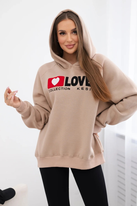 Kesi Zateplená bavlněná mikina s kapucí Love Barva: Béžová - tmavě, Velikost: UNI