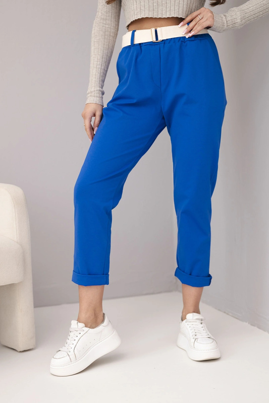 Kesi Dámské bavlněné kalhoty PUNTO s páskem a ohrnutým nohavicí Barva: Modrá - tmavě, Velikost: UNI