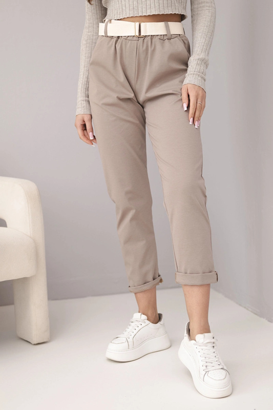 Kesi Dámské bavlněné kalhoty PUNTO s páskem a ohrnutým nohavicí Barva: Béžová, Velikost: UNI