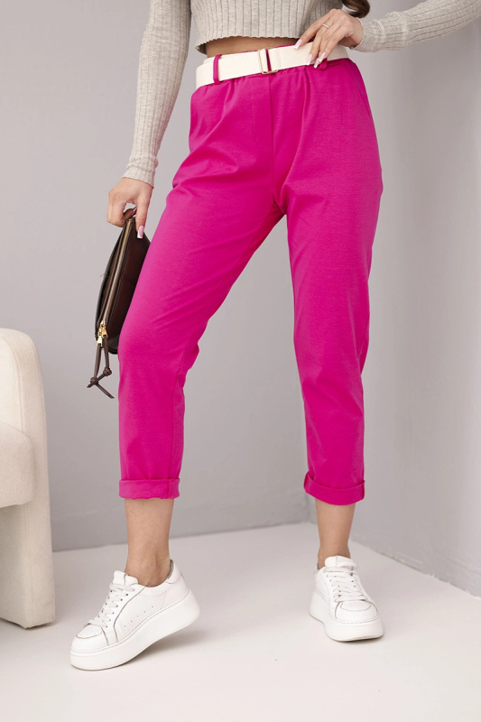 Kesi Dámské bavlněné kalhoty PUNTO s páskem a ohrnutým nohavicí Barva: Růžová - tmavě, Velikost: UNI