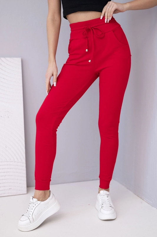 Dámské tepláky s vysokým pasem na šněrování červené