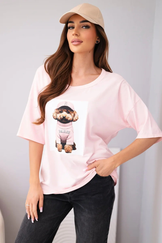 Kesi Dámská bavlněná oversize halenka s krátkým rukávem a potiskem žlutá Barva: Růžová, Velikost: UNI